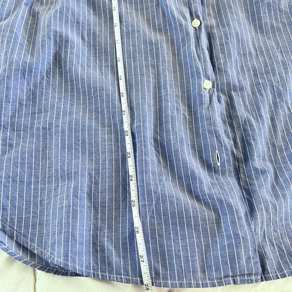 LOFT EMBROIDERED TAB COLLAR BUTTONDOWN TOP BLUE WHITE STRIPED BOHO RUFFLE SLEEVE - Picture 9 of 11